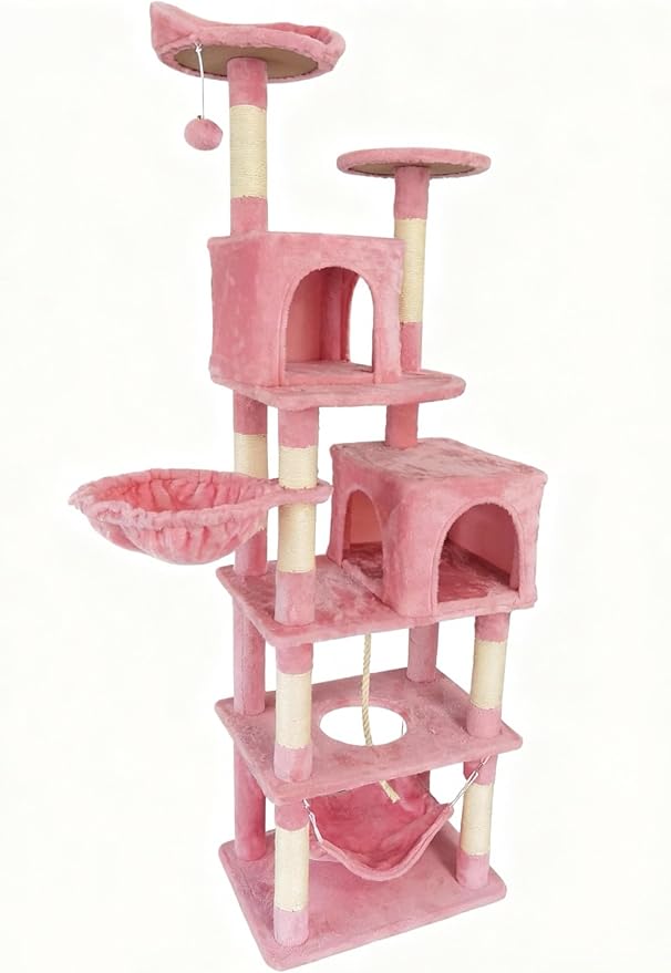 Cat Tree, 68-Inch Cat Tower for Indoor Cats, Plush Multi-Level Cat Condo with 7 Scratching Posts, 2 Perches, 2 Caves, Hammock (Pink)