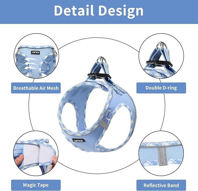 AMTOR Small Dog Harness with Leash Set, No Escape Easy Walk Puppy Harnesses for Training Walking, Step-in Reflective Soft Dogs Vest for XS S Medium Extra-Small Large Sized Dog(XL Size,Blue/White)