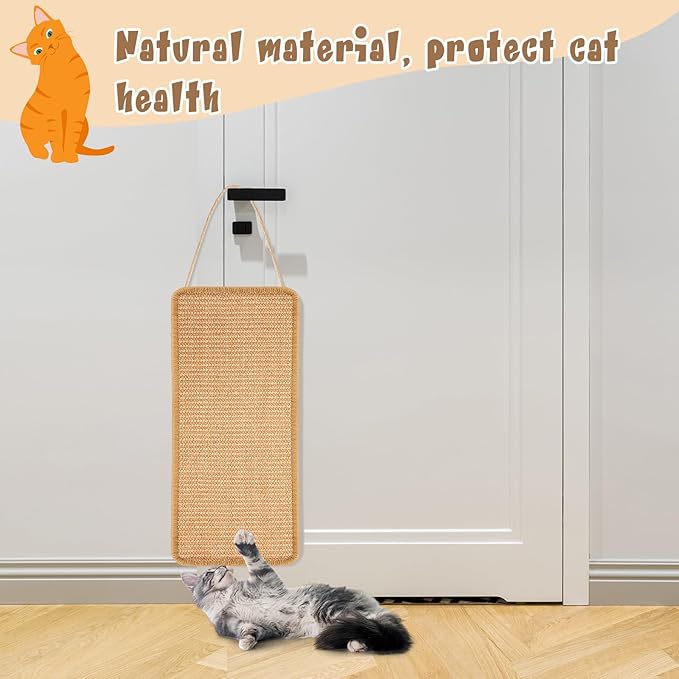2 Pack Sisal Door Cat Scratching Mat Double Use Hanging Scratcher Wall Floor Mount Cat Scratch Mat Kitty Scratching Pad for Indoor Kitten with Hemp Rope, 7.87"x19.69"(Regular,Brown)