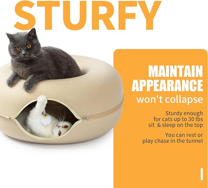 Peekaboo Cat Tunnel for Large Cats up to 30 lbs, Features A Jingle Ball, Removable and Washable Tunnel Bed, and a Cozy Donut Tunnel (Beige, 24 Inches)