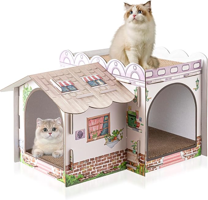2 Story Cardboard Cat House with Scratcher Pad for Small Kitten,17x12x10 Multi Level Durable Cat Condo & Villa for Bunny Rabbit Small Animals Christmas Birthday Gift(17x12x10,Cottage)