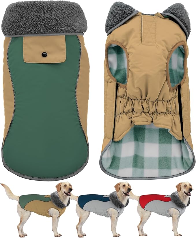 Doglay Dog Jacket Waterproof Dog Coat, Reflective Cold Weather Winter Coat, Adjustable Turtleneck Fleece Puppy Snow Jacket with Harness Hole for Small Medium Large Dogs