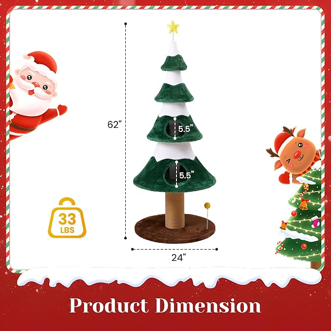 62" Cat Tower for Indoor Cats, Multi-Level Wooden Cat Tree with Sisal Scratching Posts, Cozy Cat Beds & Modern Holiday Design, Green