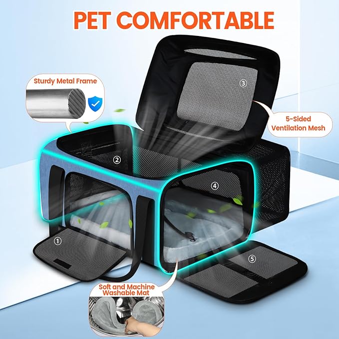 Petskd Top and Side Expandable Pet Carrier with Wheels 18x11x11 Inches Delta United Airline Approved, Soft-Sided Carrier for Small Cats and Dogs with Locking Safety Zippers and Anti-Scratch Mesh(Blue)