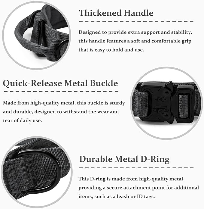 Tactical Dog Collar, Adjustable Military Training Nylon Dog Collar with Control Handle and Heavy Quick-Release Metal Buckle for Small Medium Large Dogs, Grey XXL