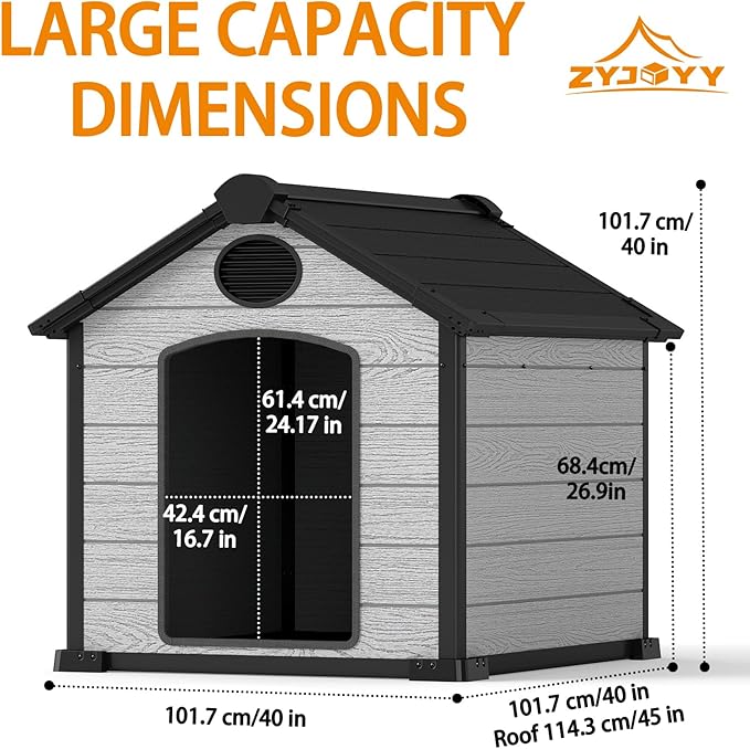 Indoor Outdoor Dog House Weatherproof for Small Medium Dogs, Resin Plastic Pet House with Flip Lid and Elevated Floor, Easy Assembly (45" Large Dog House)