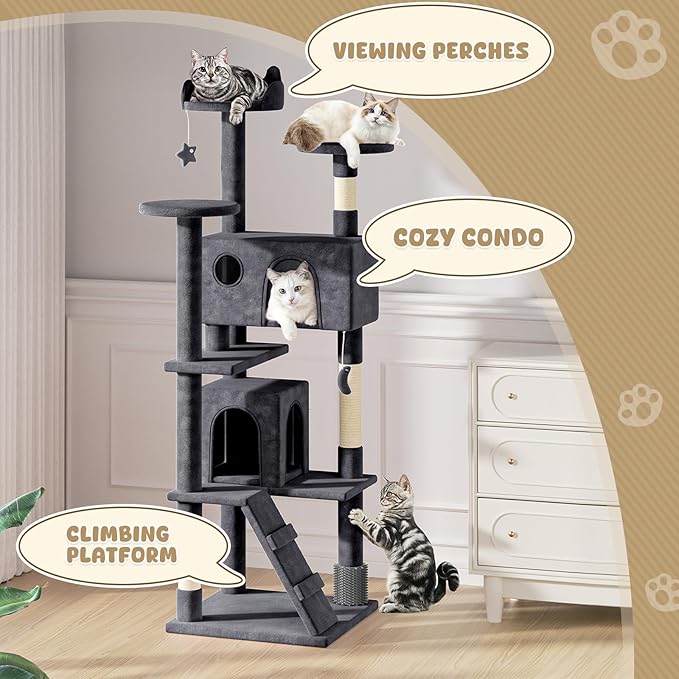 Magshion Cat Tree 77" Cats Tower for Indoor Cats, Multi-Level Cat Condo with Scratching Post, Top Perch, Sisal Board and Dangling Ball, Cat Stand Jumping Platform Kittens Pet Play House (Smoke Grey)
