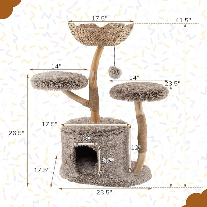 PETSITE 41.5 Inch Wood Cat Tree, Multi-Level Real Pear Wood Modern Cat Tower with Jute Scratching Posts, Dangling Ball, Cozy Top Cattail Perch, 2 Jumping Platforms, Cat Condo, Soft Long Plush Covered