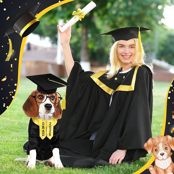 5 Pcs Dog Graduation Costume Set Include 2026 Pet Graduation Gown with Stole Puppy Grad Cap Lensless Glasses DIY Letter Stickers for Dogs Cats Holiday Costume Accessory(Black Yellow,S)