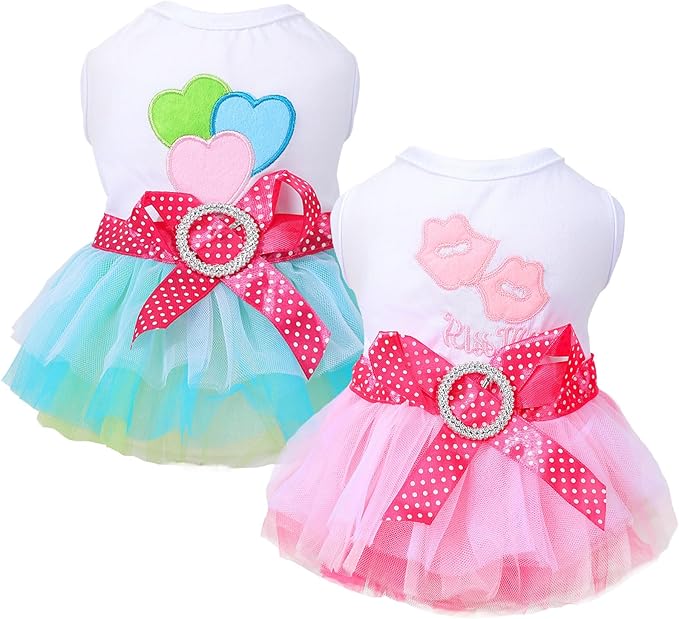 2 Pack Dog Dresses for Small Dogs Girls Cute Princess Puppy Dresses with Rhinestones Tutu Pet Dress Outfit Female Dog Clothes Chihuahua Yorkie (Pink Bow, Small)