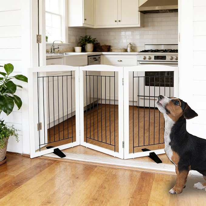 Dog Fence Indoor,Dog Gate Indoor for Doorway pet gate -3-Panel Freestanding, Hallways, House or Stairs -60x32-Inch Retractable Foldable Expandable Wood Pet by SFJC (White) ﻿