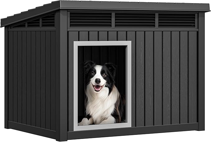 YITAHOME Plastic Dog House, Indoor & Outdoor Dog Kennel with Lift-Up Sloping Roof, Waterproof & Ventilated for Small to Medium Dogs, Easy to Clean Design, Black