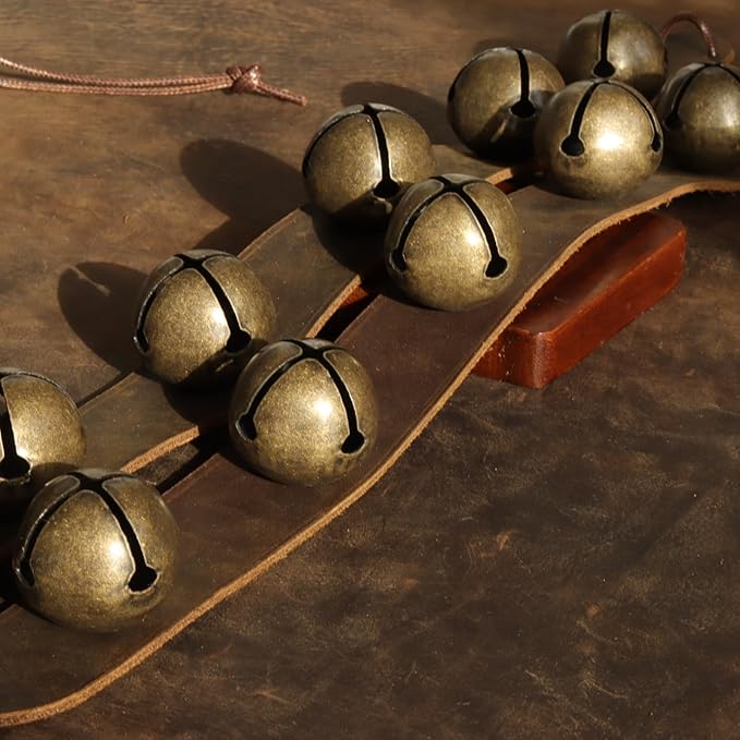 Vintage Hanging Sleigh Bell for Door Knob,5 Loud Jingle Bells on Crazy Horse Leather Belts,Dogbells for Training,Christmas Bells for Holiday Home Decor(Brongze Bells)