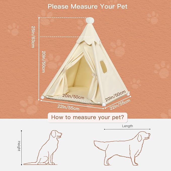 Standard Cat & Mini Dog Teepee Tent House (Int 20x20x20in/Ext 22x22x25in) for Standard Chihuahua, Shih Tzu, Tiny Pomeranian, Tiny Bichon Frise, Mini Poodle, Cotton Canvas & Stable Frame