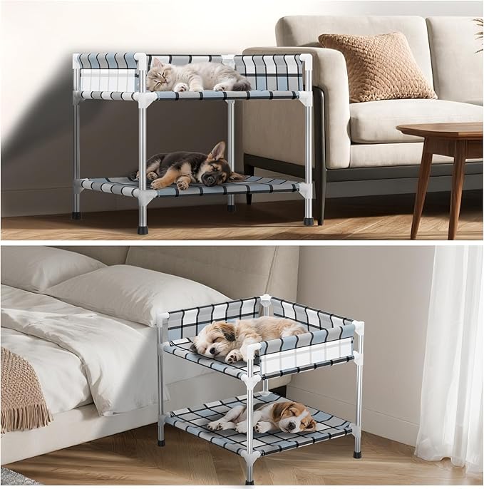 Bedside Window Dog Bunk Bed - Double Elevated Human Dog Bed with Guardrail 2 Layers Window Perch Dogs Cot 2-Tier Bedside Sleeper for Multi-Pet Households (20'' x 20'' x 25'')