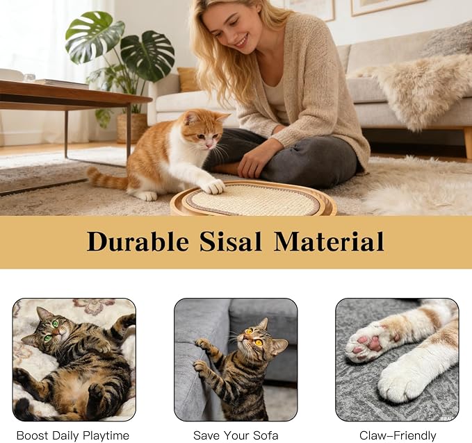 2-in-1 Cat Scratch Pad & Bed, Natural Sisal Scratch Mat for Cats with Interactive Ball Toy, Wooden Frame Indoor Cat Lounge
