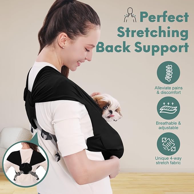 Supet Dog Sling Carrier for Small Pets, Hands Free Cat Sling, Reducing Back Neck Pain Anti-Anxiety Puppy Front, Adjustable Soft Dog Carrying (Black-2, Regular 0-9 Lbs)