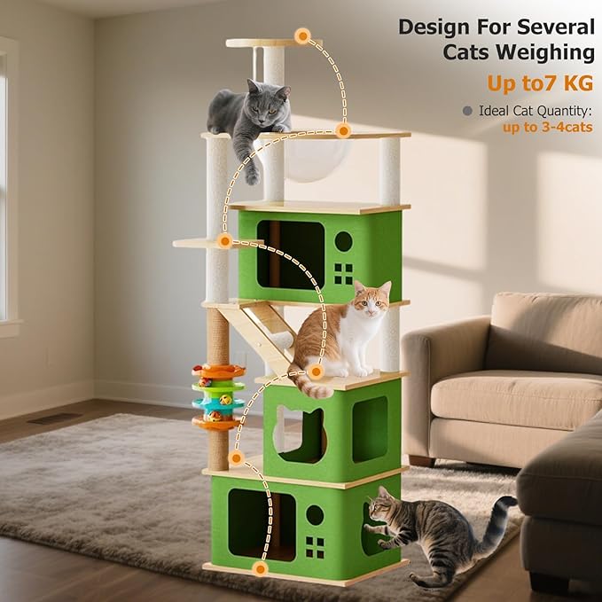 Large Cat Tree,153 Tall Wooden Cat Tower with 3 Spacious Caves,Transparent Space Capsule,8 Fully Scratching Posts and Natural Wood Posts, Kitty Condo with Multi-Layer Platform