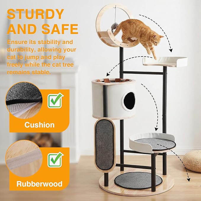 66-Inch Tall Cat Tree with Scratching Post Wooden Cat Tower with Dangling Ball Platform Hammock for Indoor Cats Large Adult