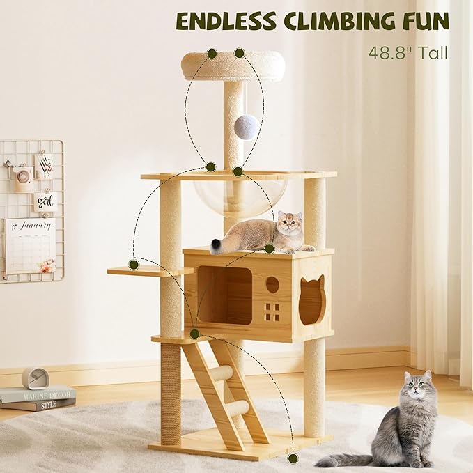 48.4" Tall Cat Tree, Wood Cat Tower for Indoor, Cat Condo with Acrylic Hammoc, Climbing Tower with Sisal-Covered Scratching Posts and Top Perch for Small Large Cats