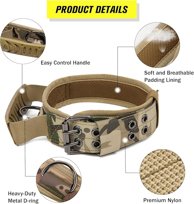 Tactical Dog Collar with Handle - Military Adjustable Dog Training Collar Soft Nylon and Heavy Duty Metal Buckle for Medium Large Dogs - with Patch (Camo with Patch, Large)