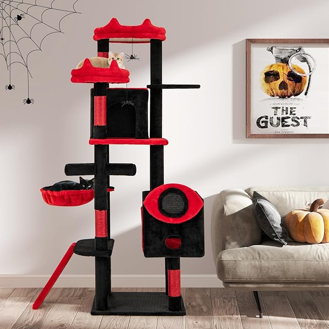 PETSITE 62-inch Gothic Cat Tree, Multi-Level Goth Coffin Cat Tree Tower with Sisal Scratching Posts, Board and Ladder, Basket, Condos, and Hanging Spider Toys, Ideal for Indoor Cats, Black & Red