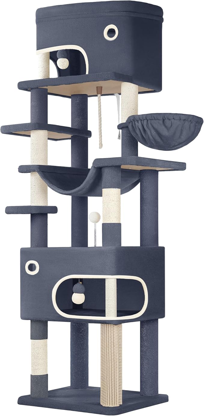 79.9 inch Cat Tree for Indoor Cats, Multi-Layer Scratching Post with Large Platform, 2 Caves, 7 Sisal Posts, Pompoms, Cat Basket, Hammock, Suitable for Cats, Dark Gray MS20318SG