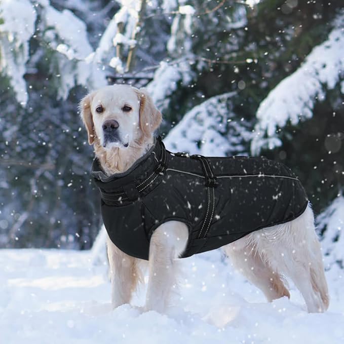 Lelepet Dog Coat with Harness Built in, Waterproof Dog Jacket for Large Dogs Reflective Winter Jacket with Zip Warm Cold Weather Coats for Dogs,Turtleneck Pet Snowsuit, Great Dane, Black, XXXL