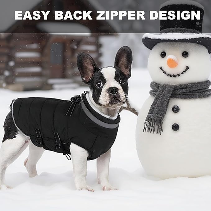 Mklhgty Small Dog Coat with Harness Built-in, Waterproof Reflective Fleece Lined - Warm Windproof Winter Jacket with Back Zipper, Cold Weather Snow Dog Coats - Black - XS
