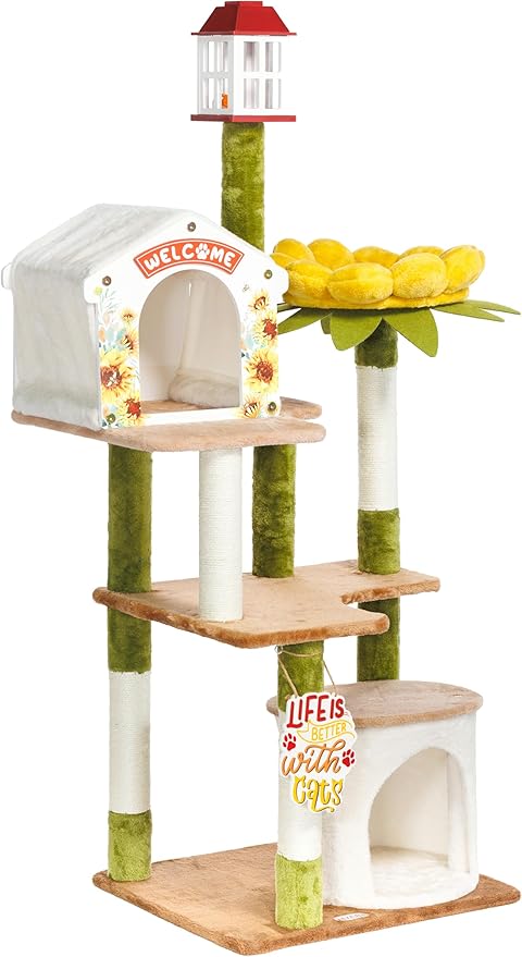 HYABi 62.4 Inch Tall Flower Cat Tree Tower Condo Climbing for Indoor Cats Multi Level with Sisal Scratching Post Hammocks Pet House Play Home Furniture Platform