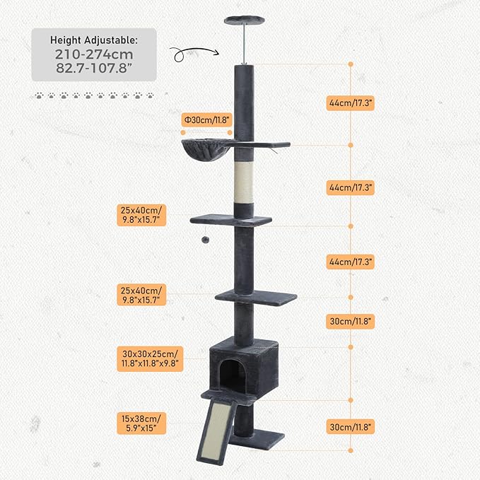 PETEPELA Floor to Ceiling Cat Tree[83"-108"], Cat Tower 5 Levels, Height Adjustable, Cat Scratching Post with Top Perches and Spacious Condo for Large Indoor Cats, Dark Grey