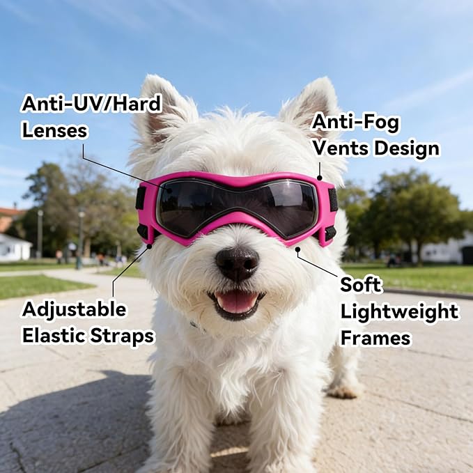 Dog Goggles Dog Sunglasses for Medium Breed UV Protection Windproof with Adjustable Head Straps Chin Straps for Ride Car/Hiking Travel/On Beach-Pink