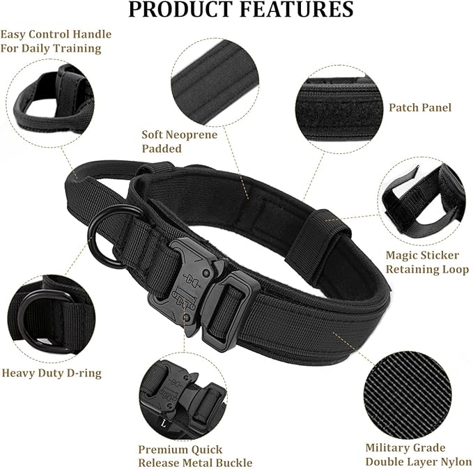Tactical Dog Collar with Handle - Military Adjustable Dog Training Collar Soft Nylon and Heavy Duty Metal Buckle for Medium Large Dogs - with Patch (Black, X-Large)