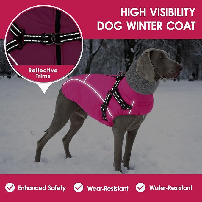 AOFITEE Large Dog Coat, Waterproof Dog Jacket Winter with Harness Built in, Warm Fleece Pet Puffer Jacket with Zipper, Cold Weather Coats for Dogs, Reflective Pet Snowsuit, Great Dane, Pink XXXL