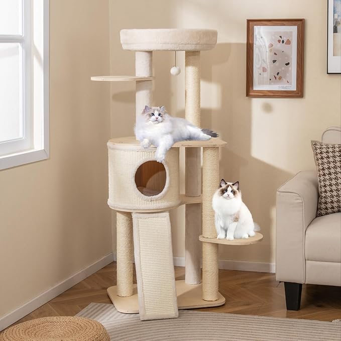 PETSITE 56 Inches Wooden Cat Tree, Multi-Level Modern Cat Tower with Sisal Scratching Posts, Comfy Condo with Sisal Covered Exterior, Climbing Ladder, Dangling Ball, and Soft Top Perch