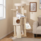 PETSITE 56 Inches Wooden Cat Tree, Multi-Level Modern Cat Tower with Sisal Scratching Posts, Comfy Condo with Sisal Covered Exterior, Climbing Ladder, Dangling Ball, and Soft Top Perch