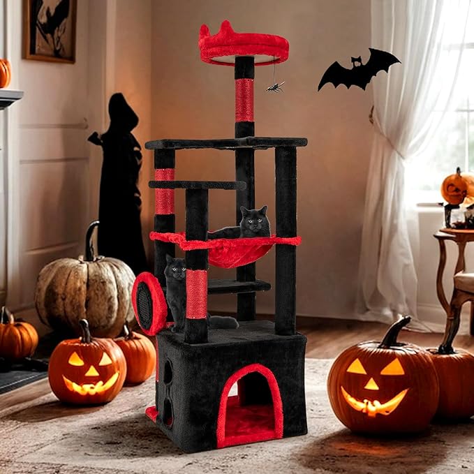 Tangkula Gothic Cat Tree, Halloween Cat Tower with Sisal Scratching Posts & Board, Spooky Bat-Shaped Platforms, Spider Toy, Devil Ear-Shaped Perch, Goth Cat Tree w/Large Hammock & Condo, Black & Red