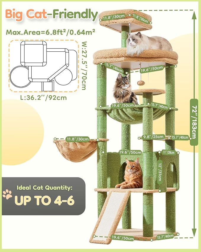 Taoqimiao 72 Inches Cat Tree for Large Cats, Multi-Level Tall Cat Tower, Widened Cat Condo with Large Scratch Board, 5 Scratching Posts, Metal Hammcock, Cozy Basket, Cactus, MS045T