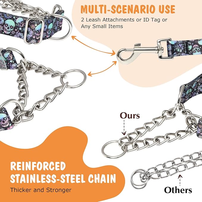 Skull Chain Martingale Collar for Dogs, No Pull Slip Cinch Choker Choke Collar Training Escape Proof Heavy Duty Dog Collar for Extra Large Medium Large Pet Boy Male Dogs, M
