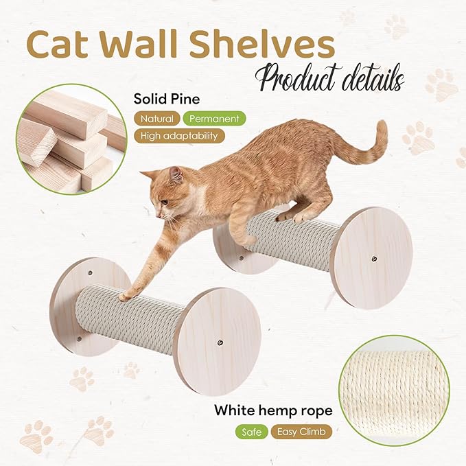 Cat Wall Furniture 11.8 Inch Cat Wall Steps for Wall Mounted Cat Wall Floating Ladder Cat Stairs for Scratching Wooden Cat Climbing Shelves with Hemp Rope for Indoor Cats or Kitty, 2 Pcs
