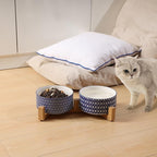 Selamica Ceramic 30 OZ Dog Bowls, Dog Food and Water Bowls with Wooden Stand, Anti-Slip Dogs Dishes Set for Cats Small & Medium Sized Dogs, Weighted Pet Bowls Set of 2, Vintage Blue A