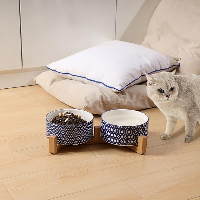 Selamica Ceramic 30 OZ Dog Bowls, Dog Food and Water Bowls with Wooden Stand, Anti-Slip Dogs Dishes Set for Cats Small & Medium Sized Dogs, Weighted Pet Bowls Set of 2, Vintage Blue A