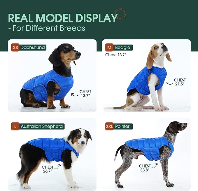 Kuoser Dog Puffer Jacket Warm Dog Coat for Large Dogs, Windproof Reflective Pet Padded Vest Cold Weather Clothes Puppy Snowsuit with Hook & Loop Coats, Easy On/Off, Blue XL