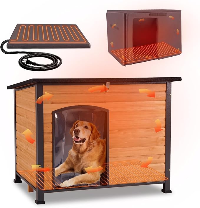 GUTINNEEN Large Heated Dog House Outdoor Insulated Dog House Weatherproof Dog Kennel with Thermostat-Controlled Heating Pad, 6-Sided Thermal Liner, Chew-Proof Metal Frame for Large Dog Breeds