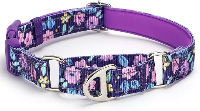 Heavy Duty Martingale Collar for Dogs - Reflective Nylon with Quick Release Buckle & Purple Flowers Design - No Slip Choke Collar for Training, Walking & Nighttime Safety M