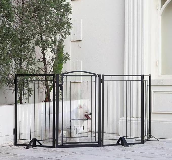 Full Metal Freestanding Dog Gate with Cat Door for Outdoor&Indoor,32" Tall Foldable Dog Fence,80" Extra Wide Freestanding Pet Gate for Large Openings,Stairs,Deck,Yard,Doorways(4 Panels,Black)