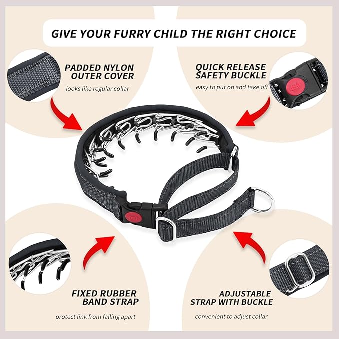 Martingale No Pull Dog Collar for Large Medium Small Dogs, Heavy Duty Nylon Reflective Adjustable Anti Pull Slip Collar with Buckle for Training Walking L Black Black