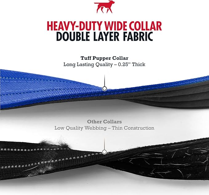 Tuff Pupper Heavy Duty Tactical Dog Collar | 1.5" Wide Ballistic Nylon | Reflective Stitching | Integrated ID Tag Holder | Stainless Steel Buckle | Padded Lining | Medium & Large Dogs (Blue, Large)