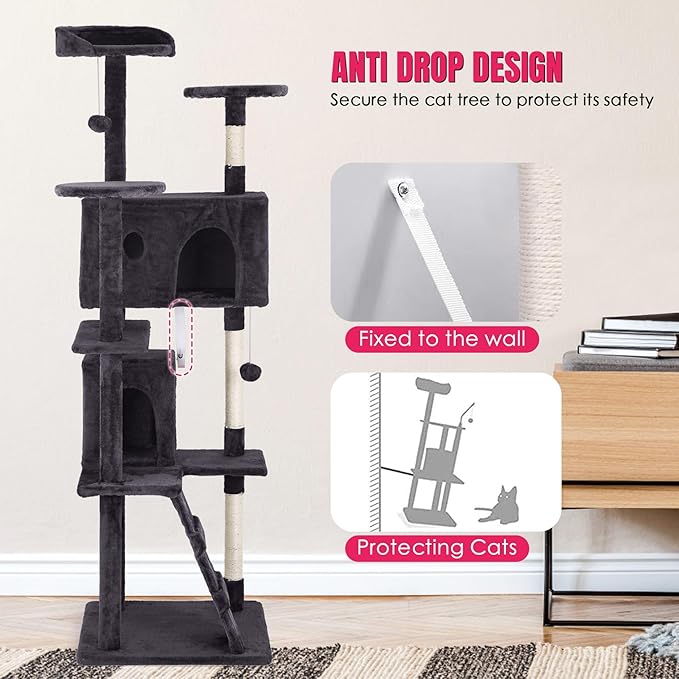 24/7 Shop at Home Court 70 inch Multi-Level Cute Cat Tree Tower with Dangling Ball and Scratching Posts for Indoor Cats Adults, Kitten Supplies, Pet House, Ash Gray