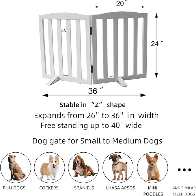 Freestanding Dog Gate Indoor, Doggie Gate Foldable Dog Gates for Doorways,Stairs or Hallways, Wooden White Pet Gate for The House, Pet Fence with Support Feet Included,24 "Height-2 Panels
